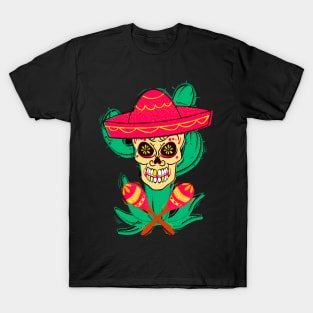 Mexican sugar skull with hat and maracas. T-Shirt